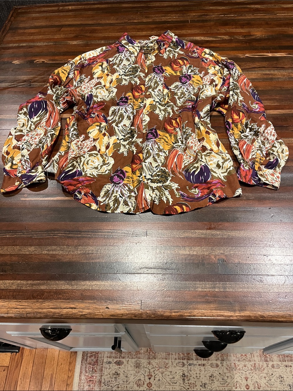 Vintage Eddie Bauer Brown Floral Button-Front Blouse with Purple & Yellow Accent